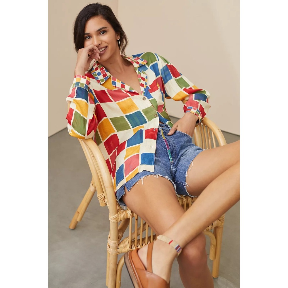 FARM Rio Anthropologie Womens M Colorblock Geometric Button Up Shirt Multicolor